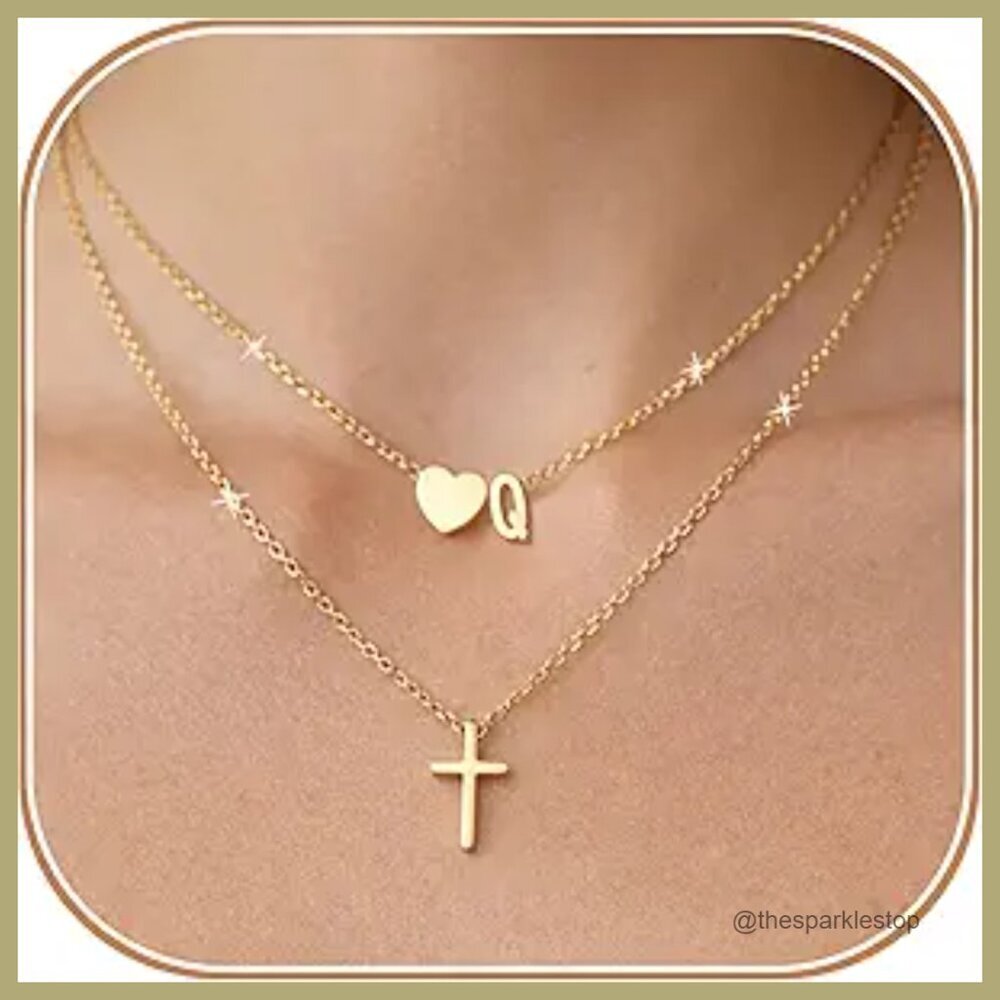 18K Real Gold Plated Layered Initial Cross Heart Necklace